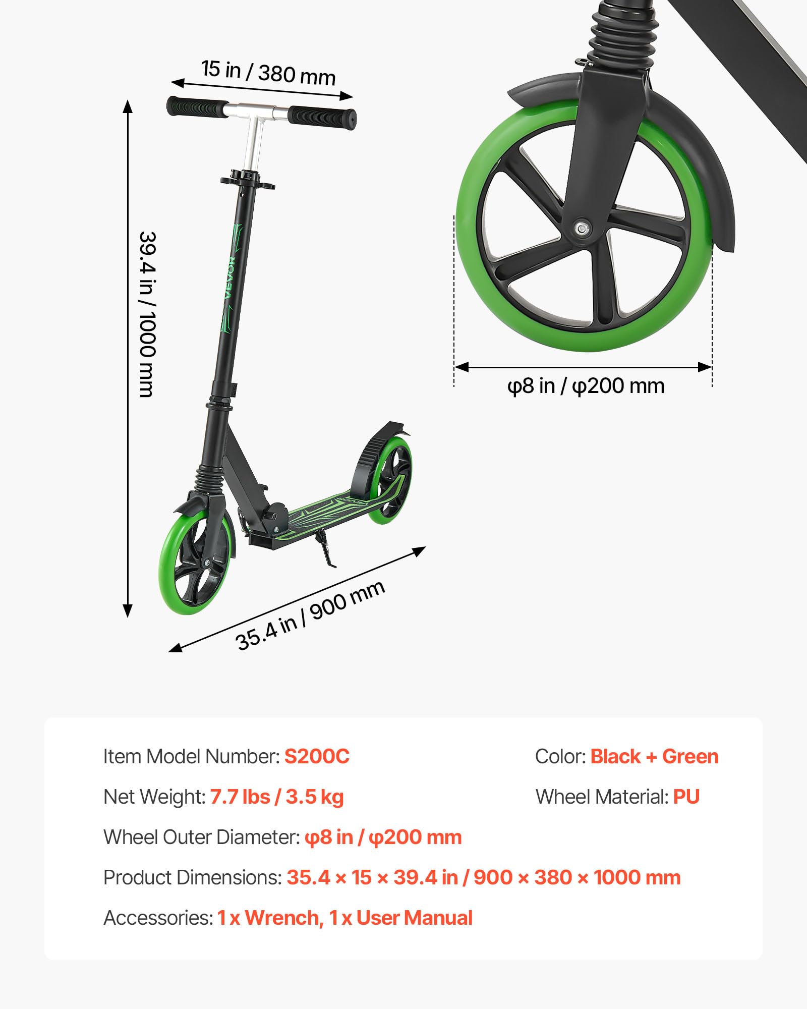 VEVOR Monopattini a Spinta, Monopattino con Freno a Pedale a 2 Ruote con Manubrio Regolabile Pedana Antiscivolo, Pieghevole e Leggero Fino a ca. 99,7 kg per Adolescenti e Adulti, Verde Nero