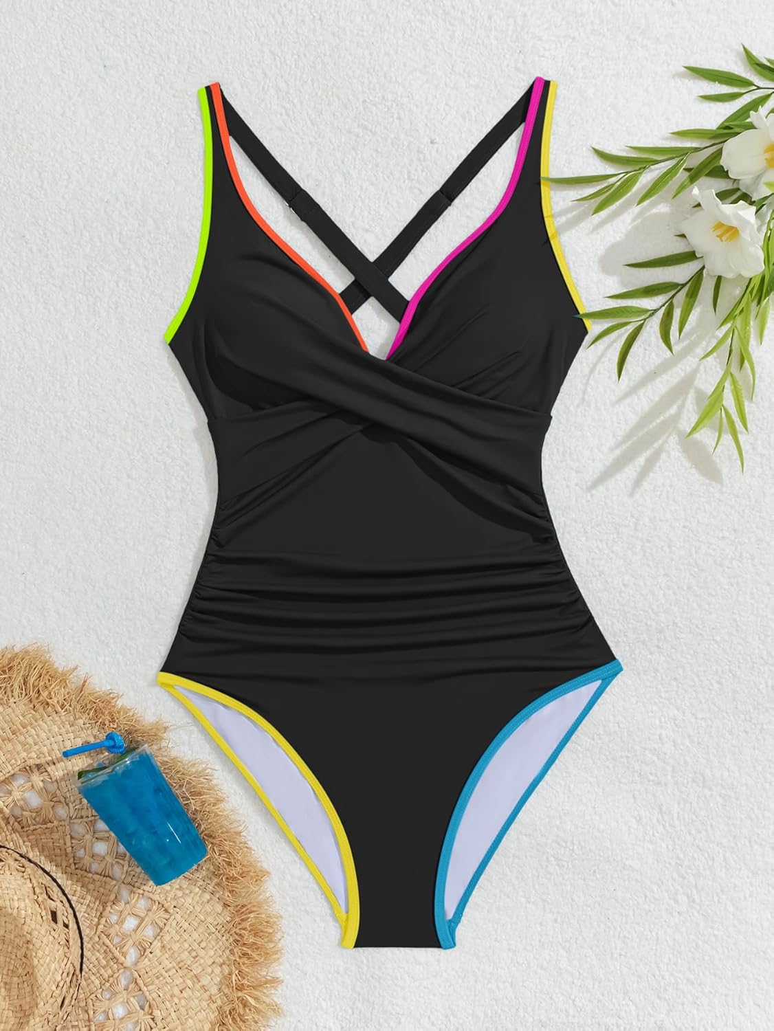 B2prity Women's One Piece Swimsuits Tummy Control Ruched Bathing Suit V Neck Tie Back Swimwear Wrap Swim Suit - Image 5