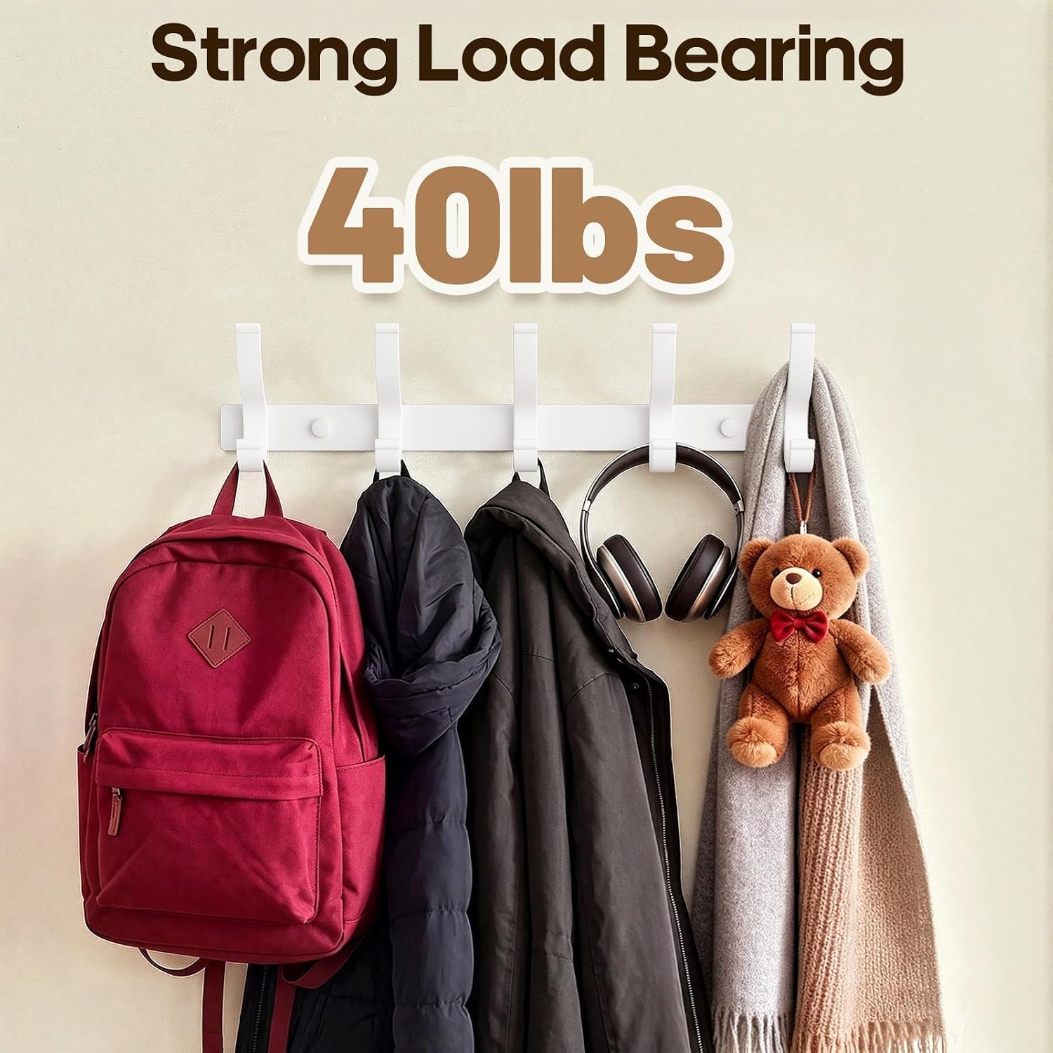 Optish 2 Pack Coat Rack Wall Mount, Heavy Duty Coat Hooks for Hanging,White | Entryway Coat Hooks for Hat, Towel, Bag, Key, Purse, Jacket, Bedroom, Bathroom, Door, Easy to Access & Install, Load 40 lbs