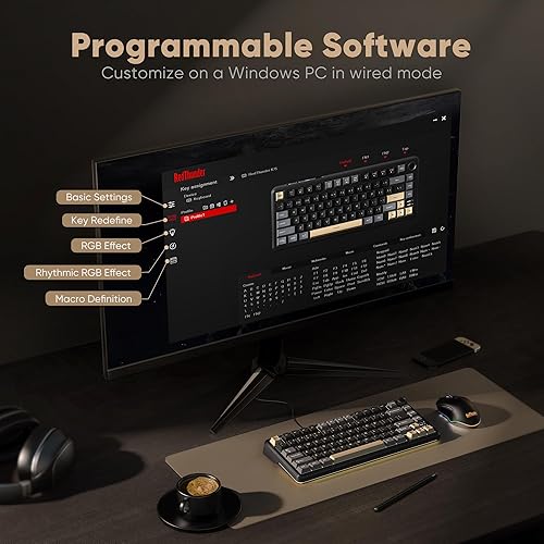 Miniatura 9 de RedThunder Teclado mecánico inalámbrico K75, perilla CNC, trimodo BT5.0/2.4GHz/USB-C intercambiable en caliente personalizado, interruptores Negro