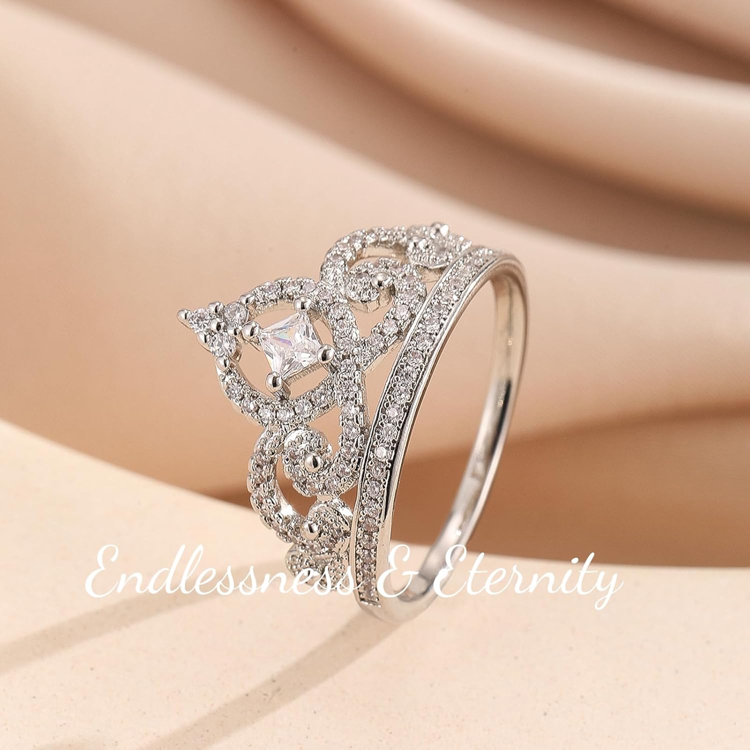 ENDLESSNESS & ETERNITY Crown Princess Half Eternity Band Ring Cubic Zirconia Wedding Engagement Promise Ring Gift for Women