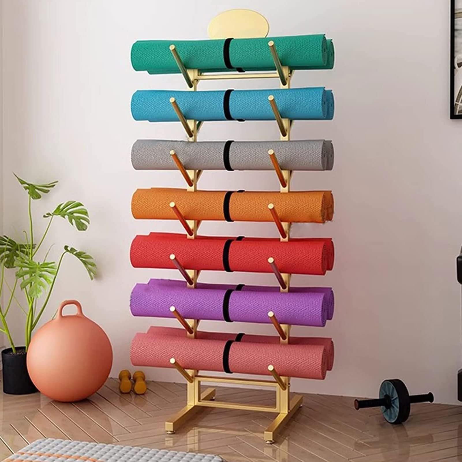 Support tapis de yoga chic doré à 7 niveaux pour agencement haut de gamme