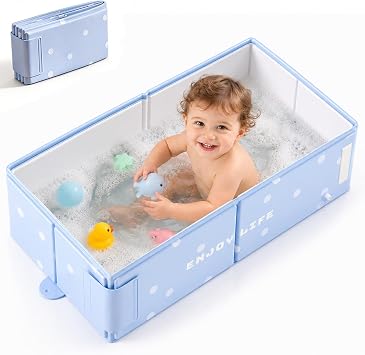 Baby Bath Tub Foldable, Infant Bathtub Portable Space-Saving Toddler Bath for Newborns and Children, Easy Drain for Home, Shower and Travel Use, Dusty Blue 76X40X21cm