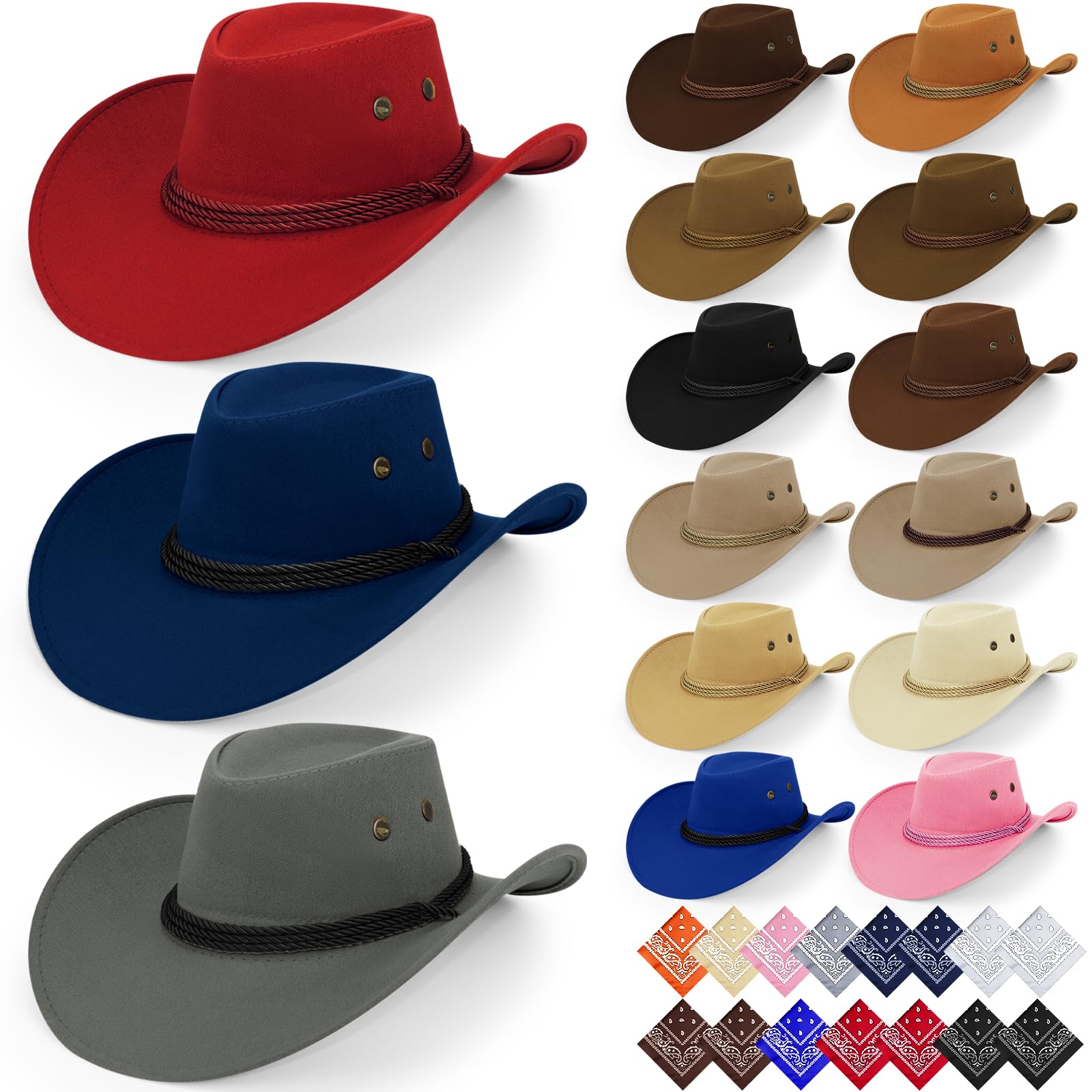 30 Stk Cowboyhut Set für Damen Herren, Western Cowboyhüten mit Kordel in 5 Farben & 15 Bandanas Cowgirl Kostüm Accessories für Karneval, Mottoparty, Wanderpicknick, JGA