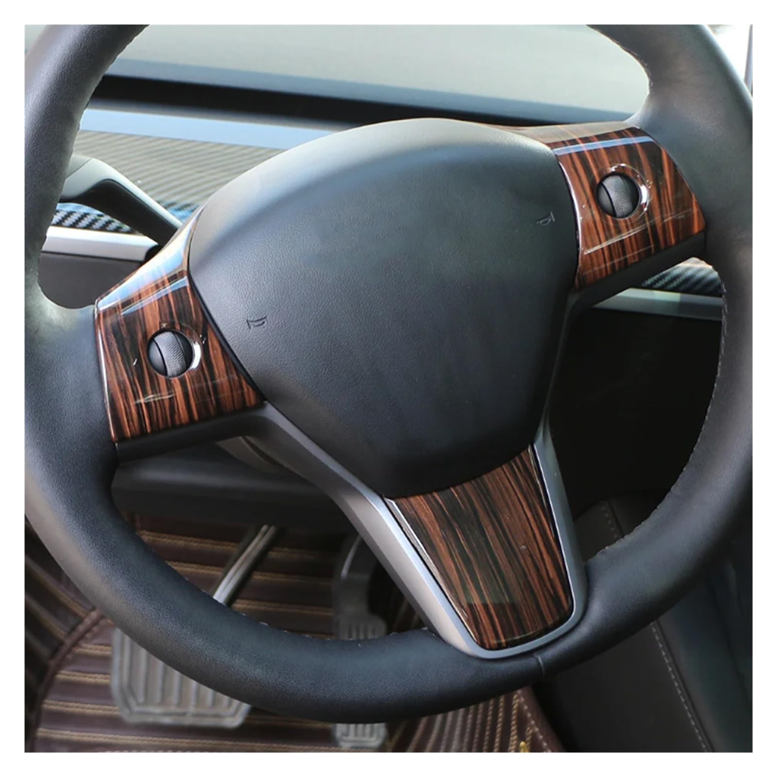 for Tesla Modell 3 2016-2023 Modell Y 2019-2023 3 Teile/Satz ABS Auto Lenkrad Panel Dekoration Abdeckung Trim Zubehör(Wood Grain Black)