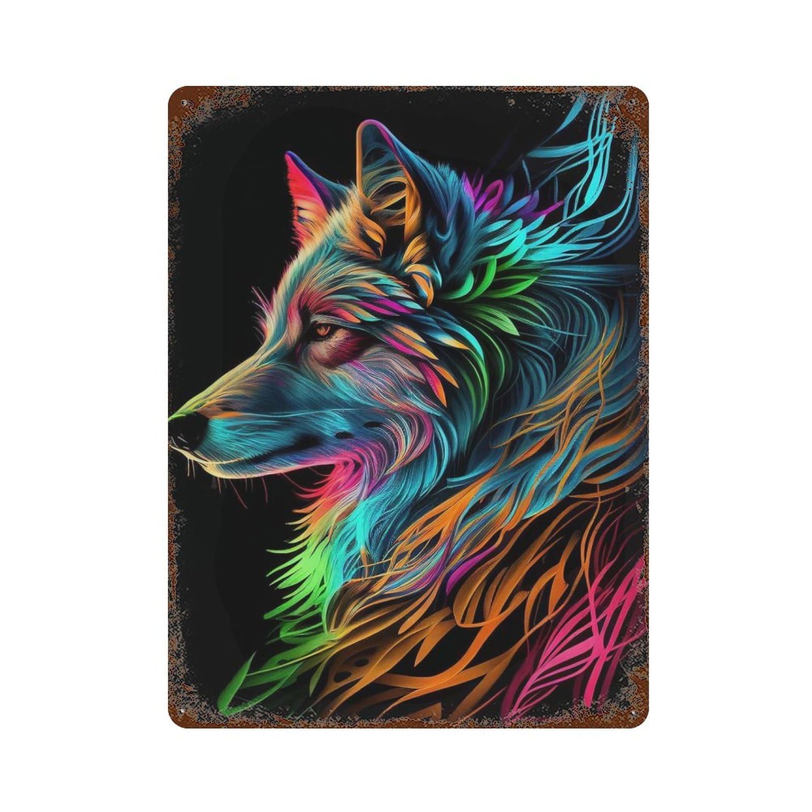 Distressed Metal Wall Sign with Wolf Pop Art Animal Design 15.7"x11.8", for Living Room, Hallway And Home Decor, Vintage Wall Decor