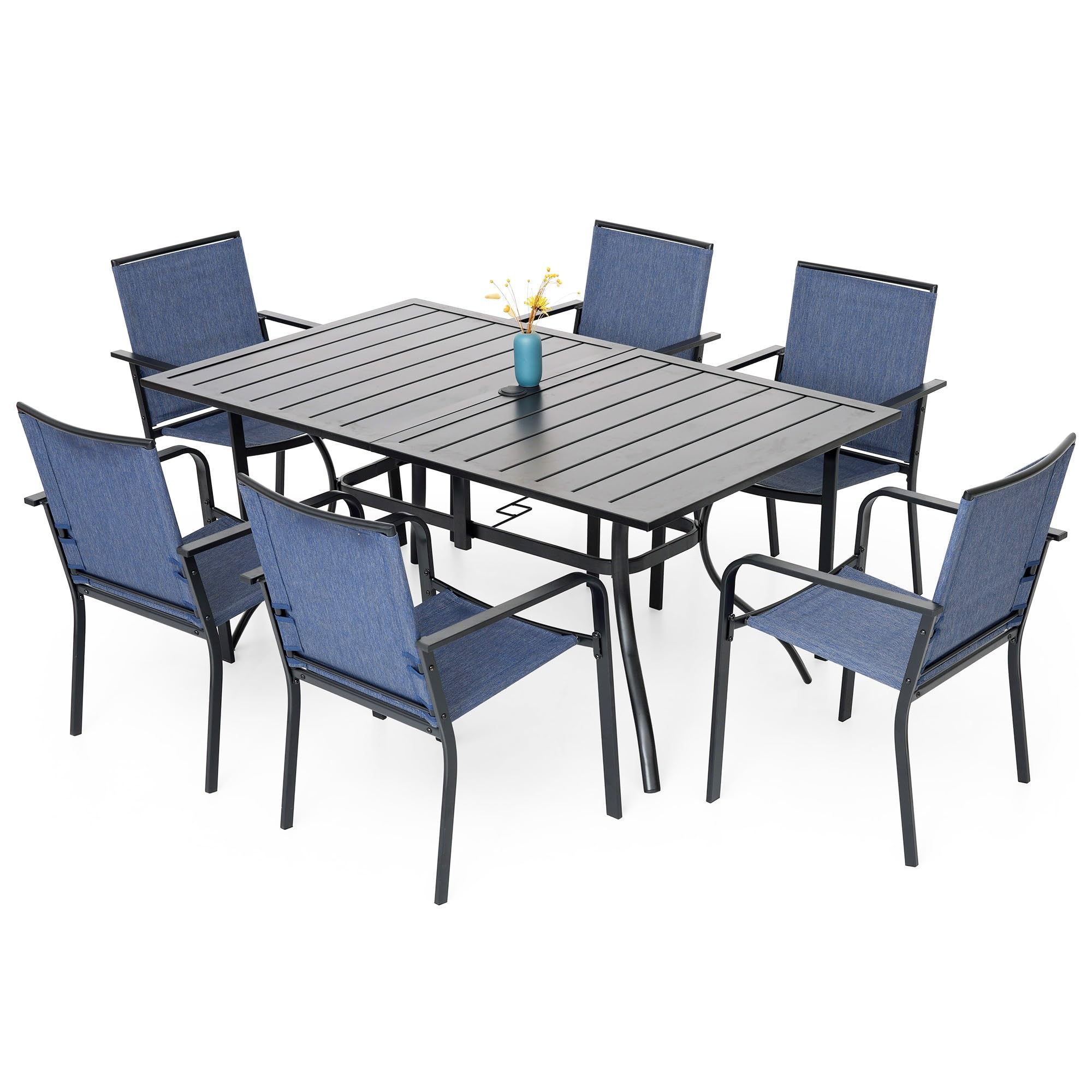 Anmutig 7-Piece Outdoor Dining Set, 63" Patio Table, Stackable Chairs Blue