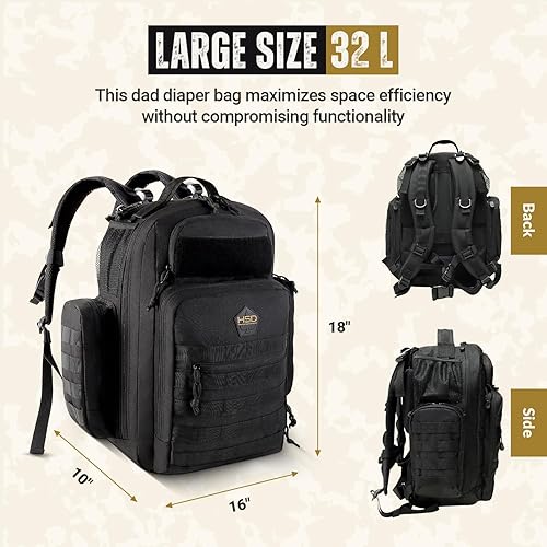 Miniatura 2 de Mochila táctica para pañales HSD + almohadilla Cambiadora, bolsillos aislados, correas de carriola., Negro