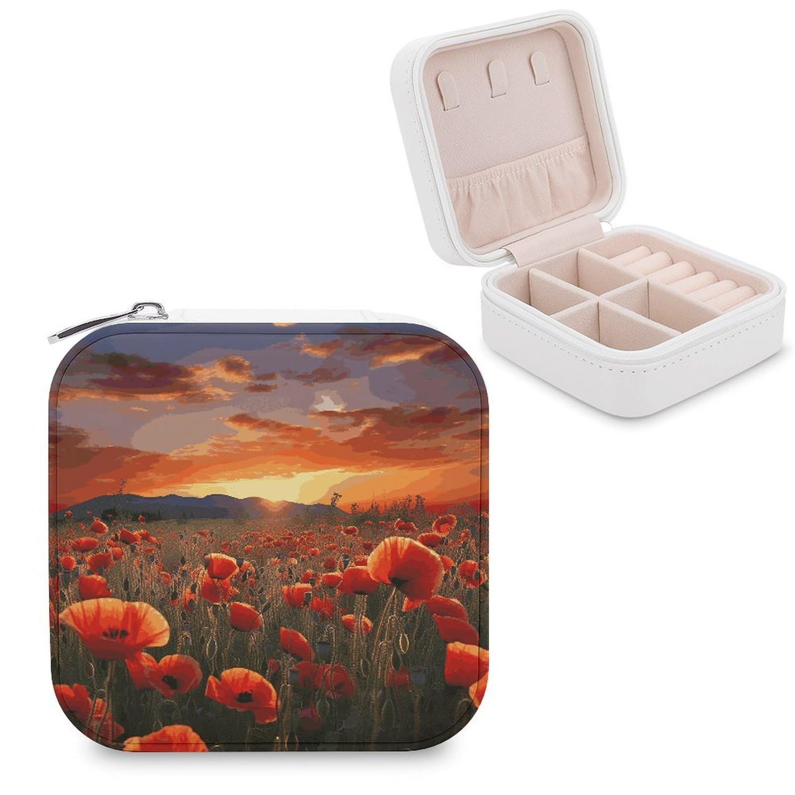 FekiLoot Red Poppy Flower Field in Sunset Jewelry Box Exquisite Jewelry Organizer Silver Gold Trinket Storage Case Multi Compartments Cute Earrings Ring Necklace Holder For Woman Household Gift