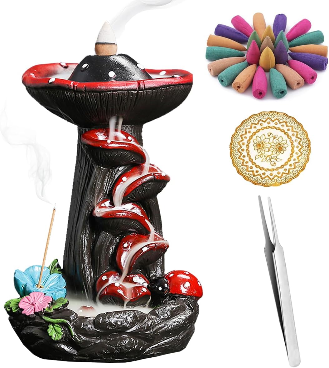Mushroom Backflow Incense Holder, Resin Aromatherapy Decor with Smoke Cascade Effect for Home Relaxation, Meditate Stress Relief Waterfall Incense Burner Fountain with Cones Zen Room Decor