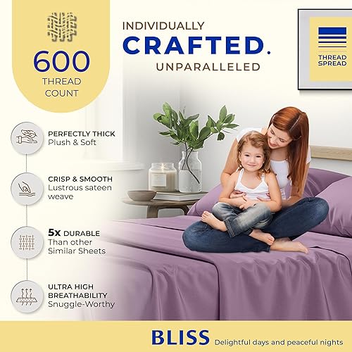 Miniatura 2 de THREAD SPREAD Hotel Collection - Juego de sábanas de 600 hilos de algodón egipcio, satinado, 4 piezas, Ciruela, gemelo