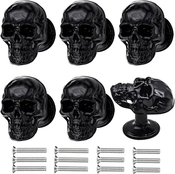 6 Pack Skull Skeleton Drawer Knobs, Vintage Single Hole Cabinets Pulls for Drawer Wardrobes Bookcases Dresser Closets Hardware Furniture Decoration Black
