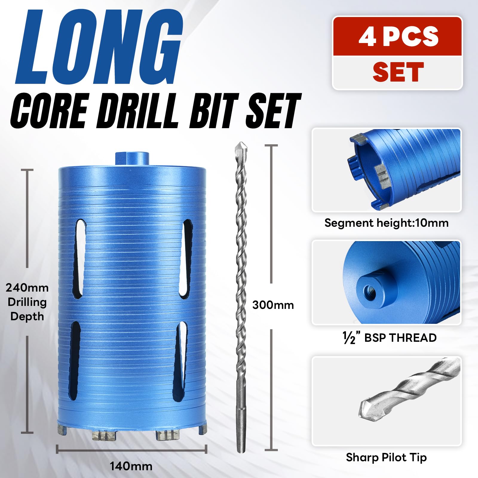 Set di punte per trapano a nucleo lungo, 140 mm x 240 mm, con adattatore SDS Plus da 240 mm e 110 mm e punta pilota centrale, set di punte diamantate per mattoni in muratura, filettatura BSP 1