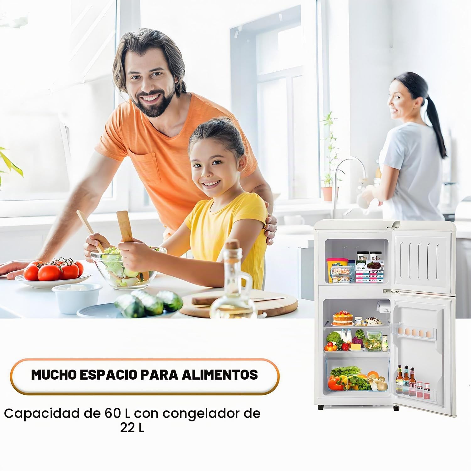 Frigorífico retro. Combinación de congelador de dos puertas con 60 litros de capacidad total y 22 litros de capacidad en el congelador. 102 kWh/año, -27 °C ∽ 13 °C, luz LED,White