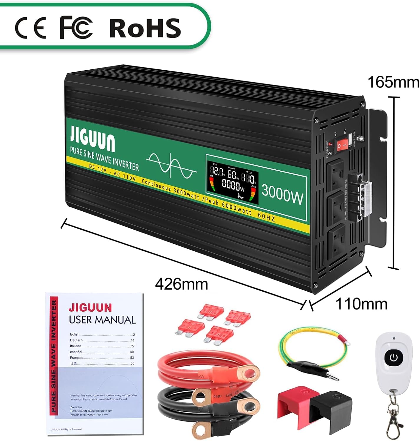 Pure Sine Wave Inverter,3000W 12V to 110V Power Inverter Converter,USB Output LCD Display for Household Home Car RV Camping Use W/Protective Cap