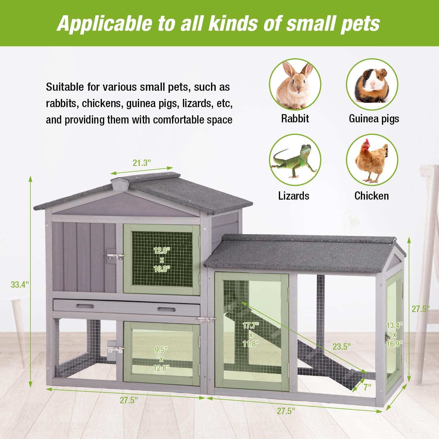 GUTINNEEN Rabbit Hutch Outdoor No Leak Plastic Tray Bunny Cage Indoor with Large Run Space Extensible Chicken Coop