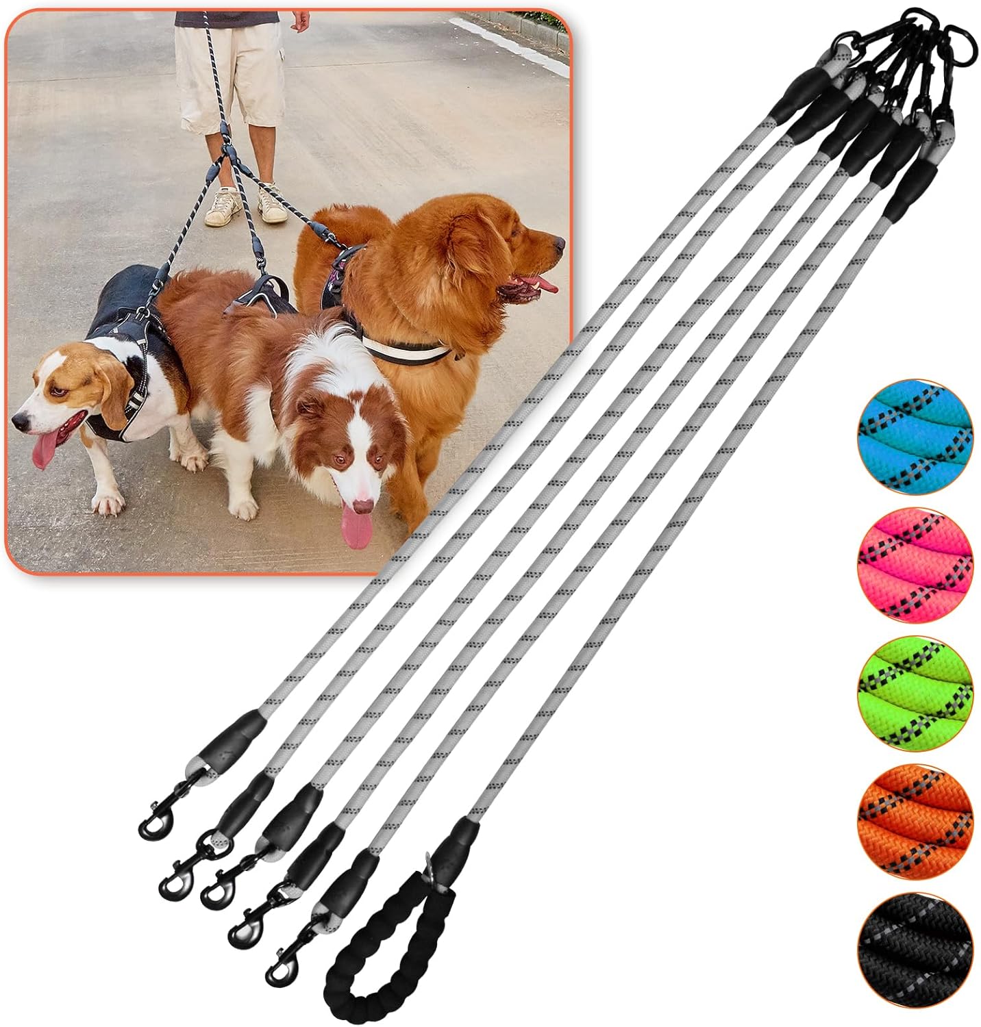 Five Dog Leash No Tangle Triple for 5 Dogs,360 Swivel No Tangle Walking Leash for 5 Dogs with Reflective for Large Medium Small Dogs (Grey, 5 Way)