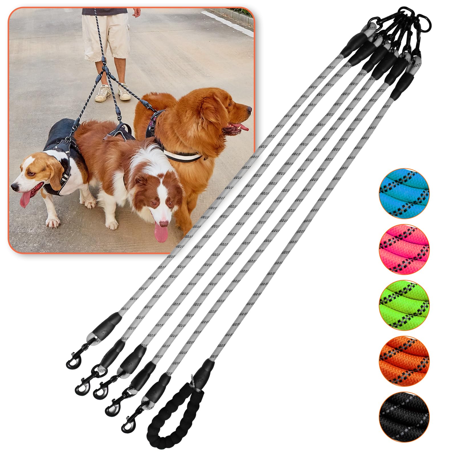 Five Dog Leash No Tangle Triple for 5 Dogs,360 Swivel No Tangle Walking Leash for 5 Dogs with Reflective for Large Medium Small Dogs (Grey, 5 Way) — image 1