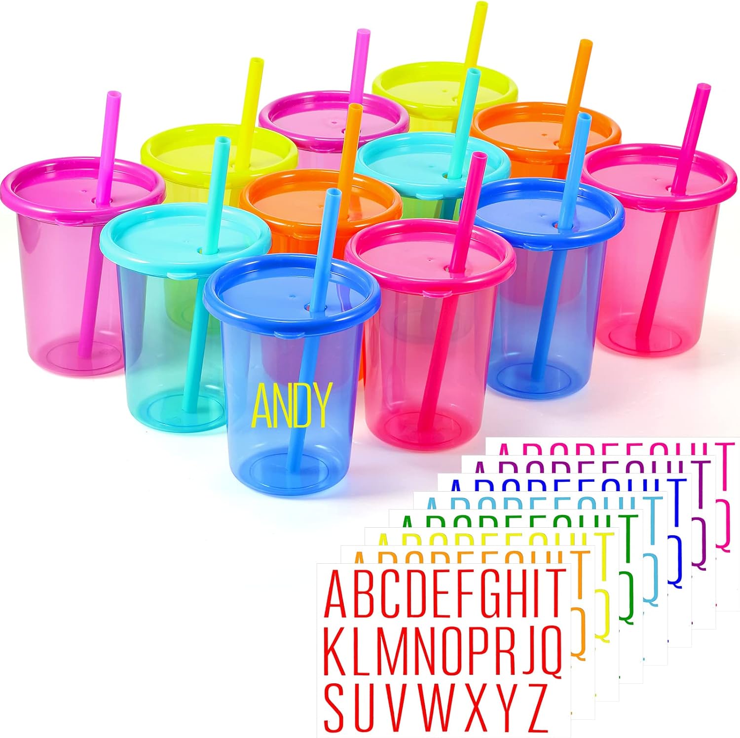 Sawysine 12 Pieces Cups with Straws and Lids, Plastic Tumbler Cups Bulk with Colored Alphabet Stickers, Reusable Spill Proof - Image 3