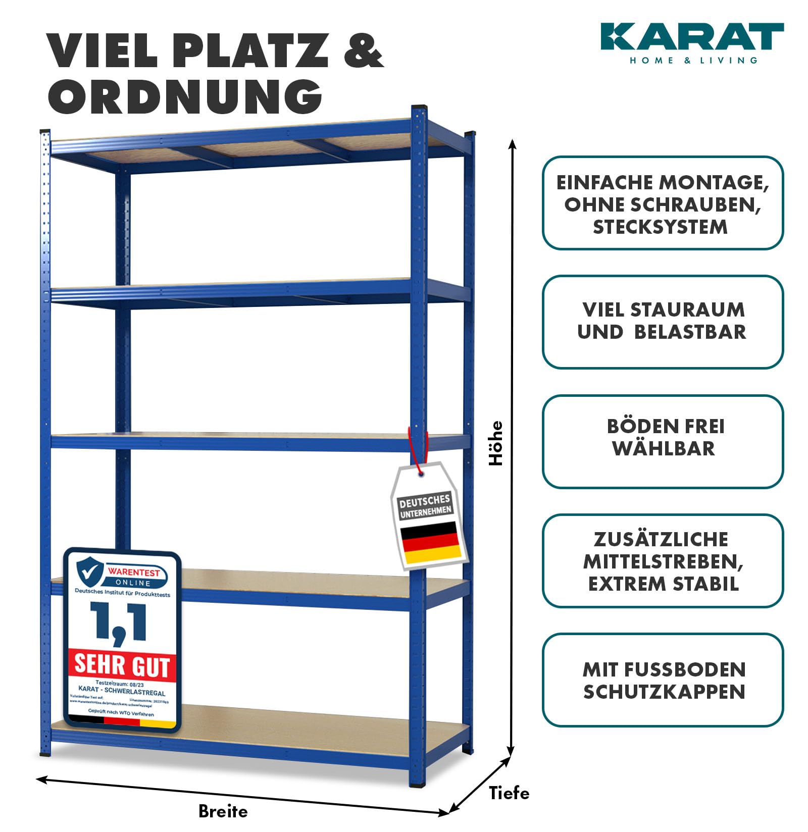 KARAT Regał do dużych obciążeń, 180 x 90 x 60 cm, stal i metal, certyfikat TÜV/GS, 5 regulowanych półek (niebieski)