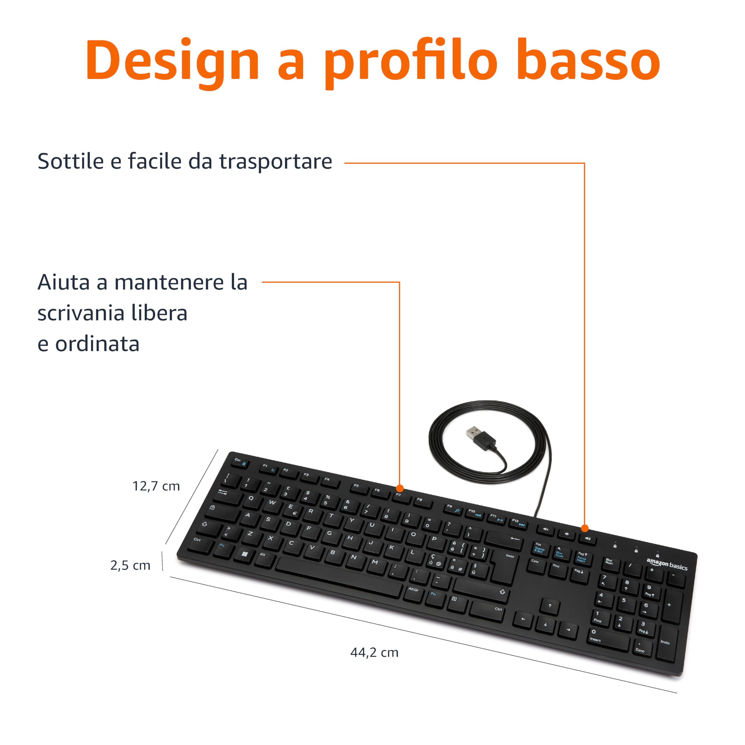 Amazon Basics Tastiera USB a basso profilo con layout IT, nero opaco