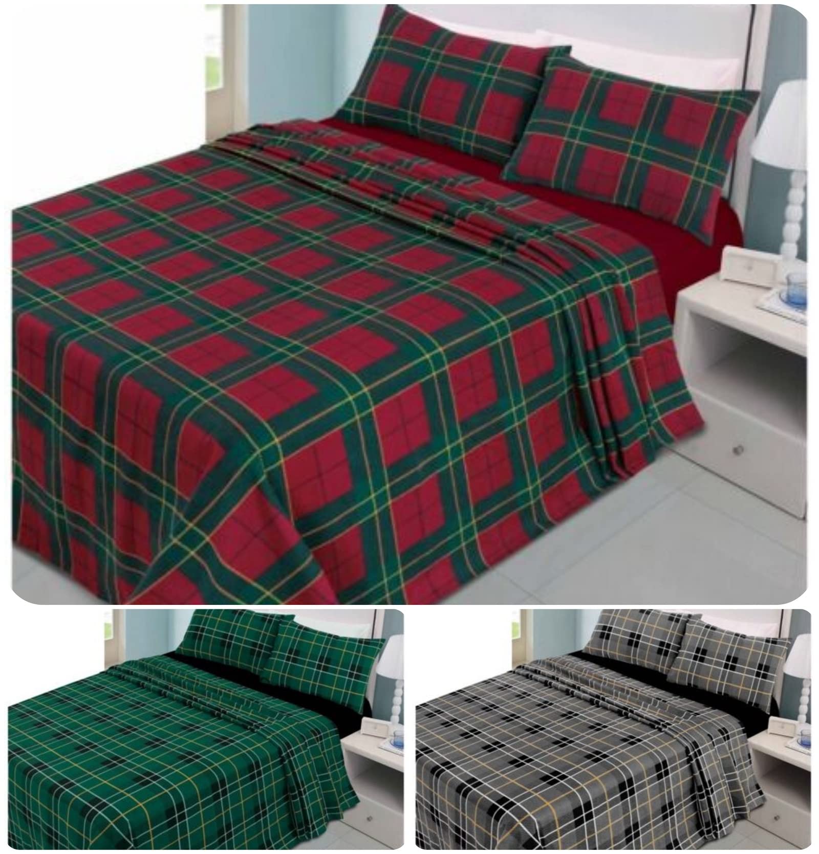 Axcent Comfort 3 Piece Red Flannelette Tartan Check Single Sheets Set (Flat Sheet, Fitted Sheet & 1 Pillowcase) Easy care 100% Brushed Cotton Bedsheet Set