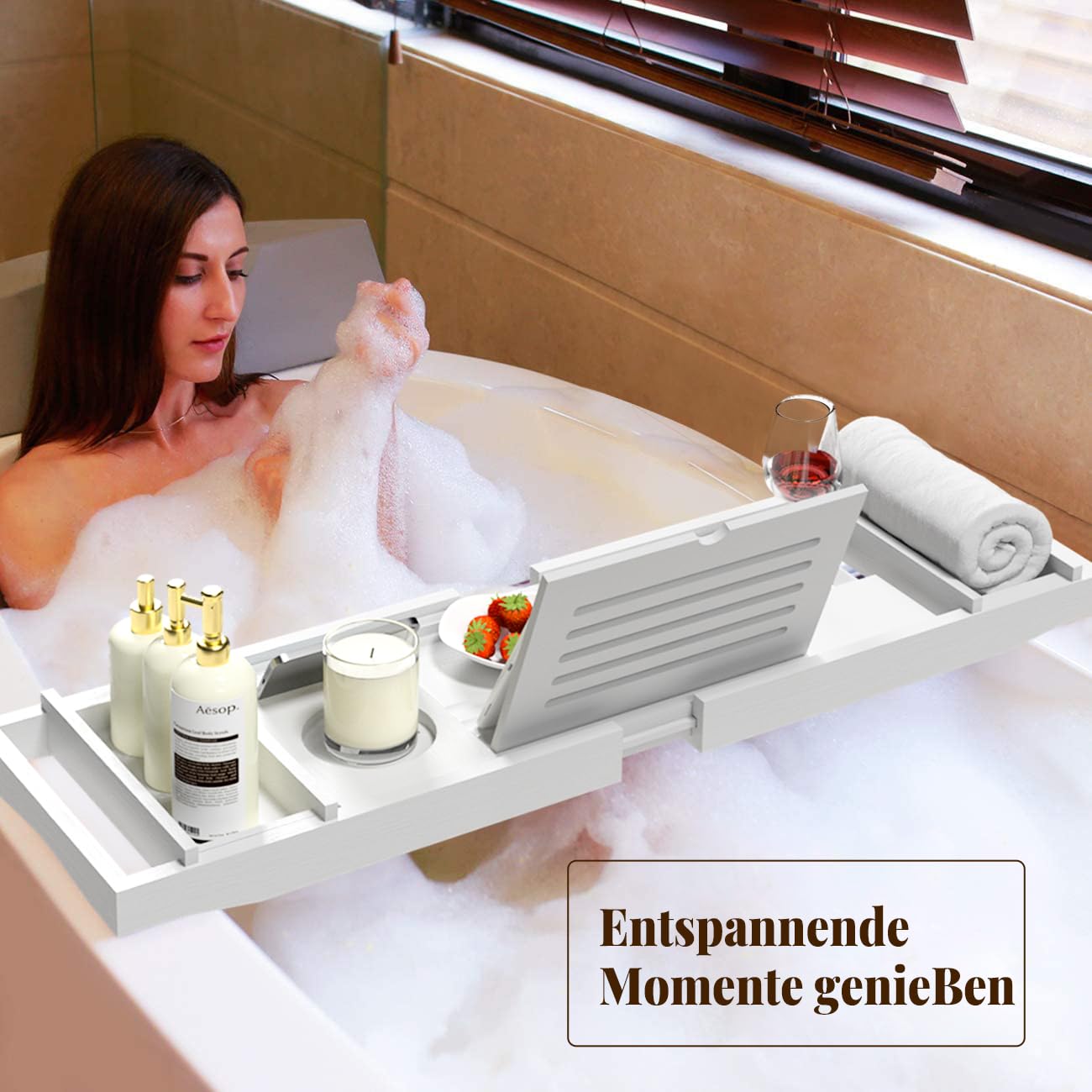 Badewannenablage aus Bambus verstellbares Badewannenbrett Badewannen Ablagen für Ipad und Bücher Badewannentablett mit Getränkehalter, Buchstütze und Weinglas 75-109 * 23 * 4,5cm
