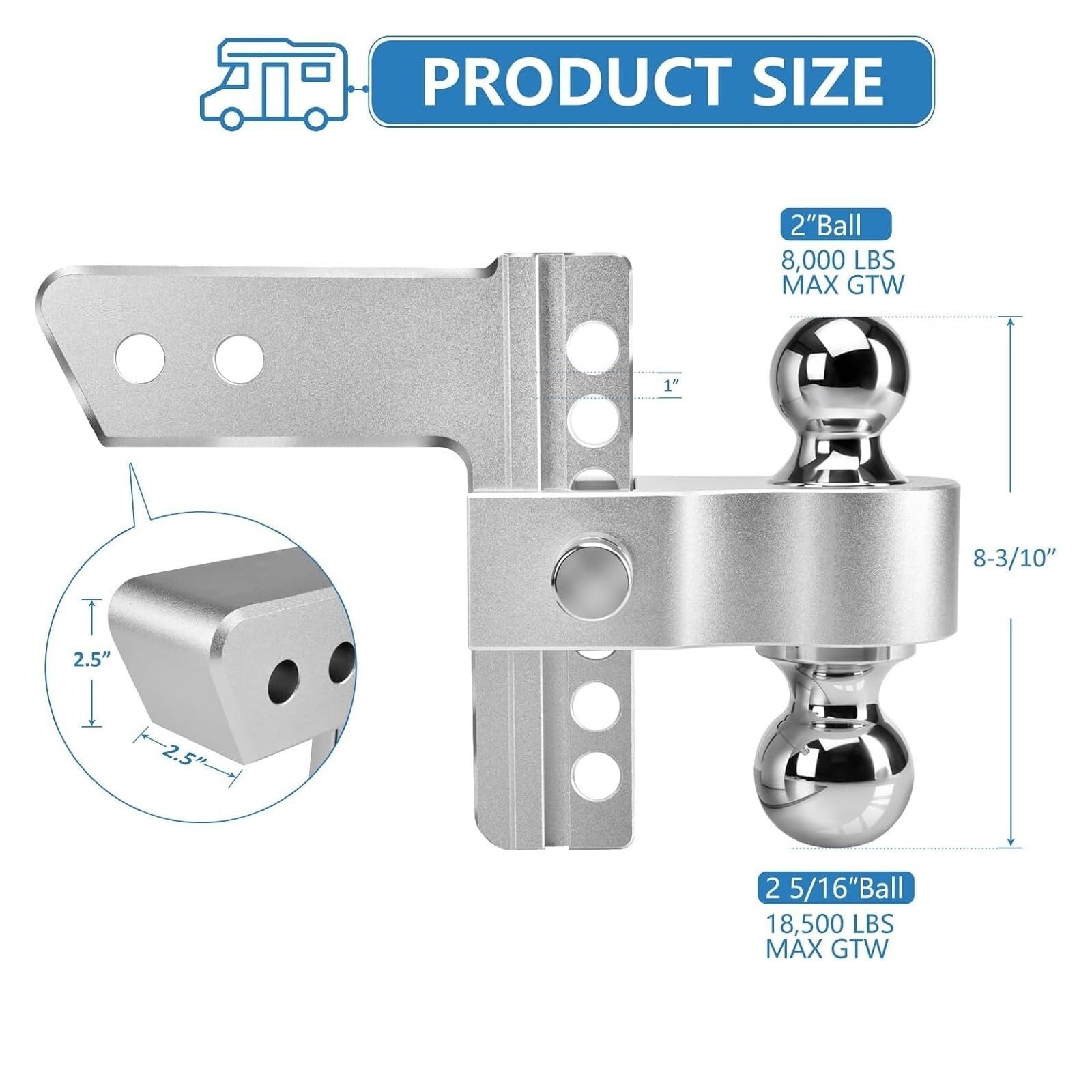Enganche de Remolque, Enganche de Remolque Ajustable Aluminio (Compatible con Receptor 2,5"), elevación/caída 6 Pulgadas