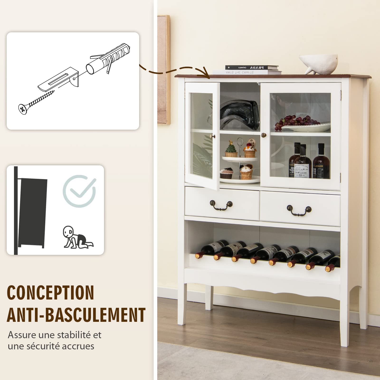 COSTWAY Buffet de Cuisine à 2 Portes Vitrées avec 2 Tiroirs Porte-Bouteilles, Meuble de Rangement Étagère Réglable Dispositif Anti-basculement pour Salon, Entrée, Cuisine, 90x40x126,5cm (Blanc)