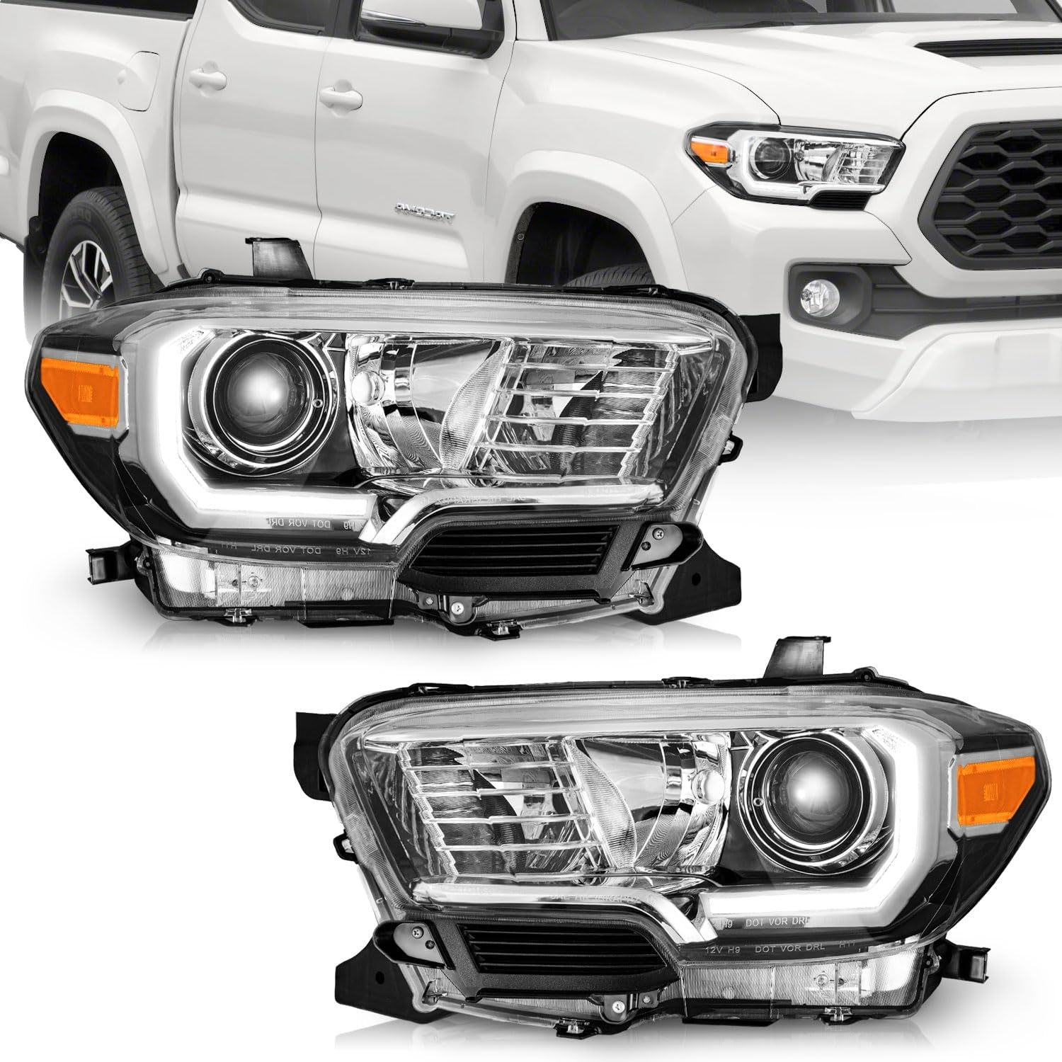 WEELMOTO Fit for 2016-2022 Tacoma Headlights, Halogen Headlamp with DRL Chrome Housing Amber Reflector Replacement Driver Passenger Side