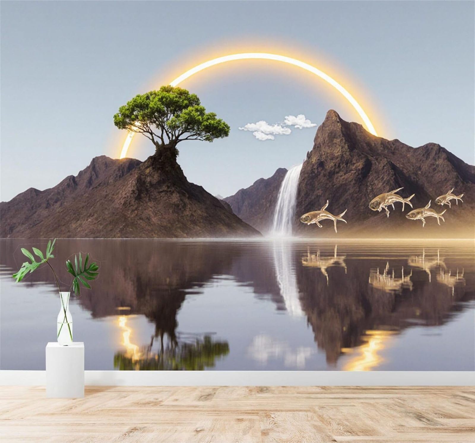 Xlming 150Cm×105Cm(B×H) Green Trees Small Island Waterfall Golden Glow Lake 3D Wallpaper Silky Texture Home Study Office Grey Dining Room Sofa Bedroom Living Room Tv Backdrop-150Cm×105Cm