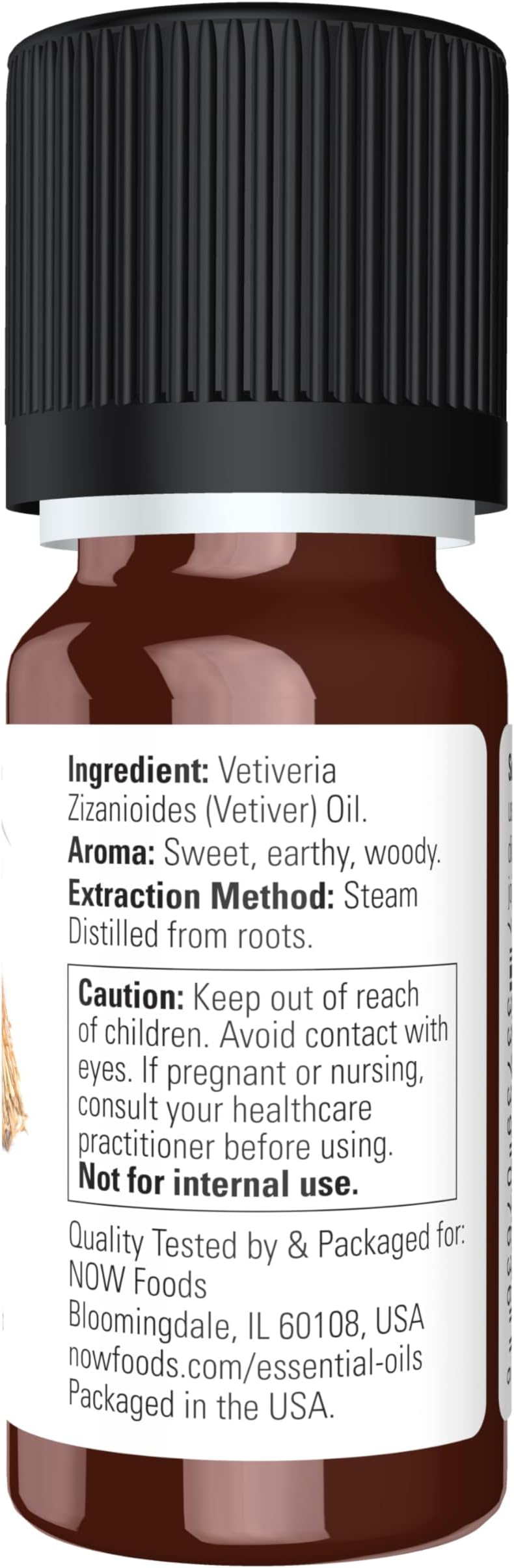 NOW Essential Oils, Vetiver Oil, Woodsy Aromatherapy Scent, Steam Distilled, 100% Pure, Child Resistant Cap, 10-mL