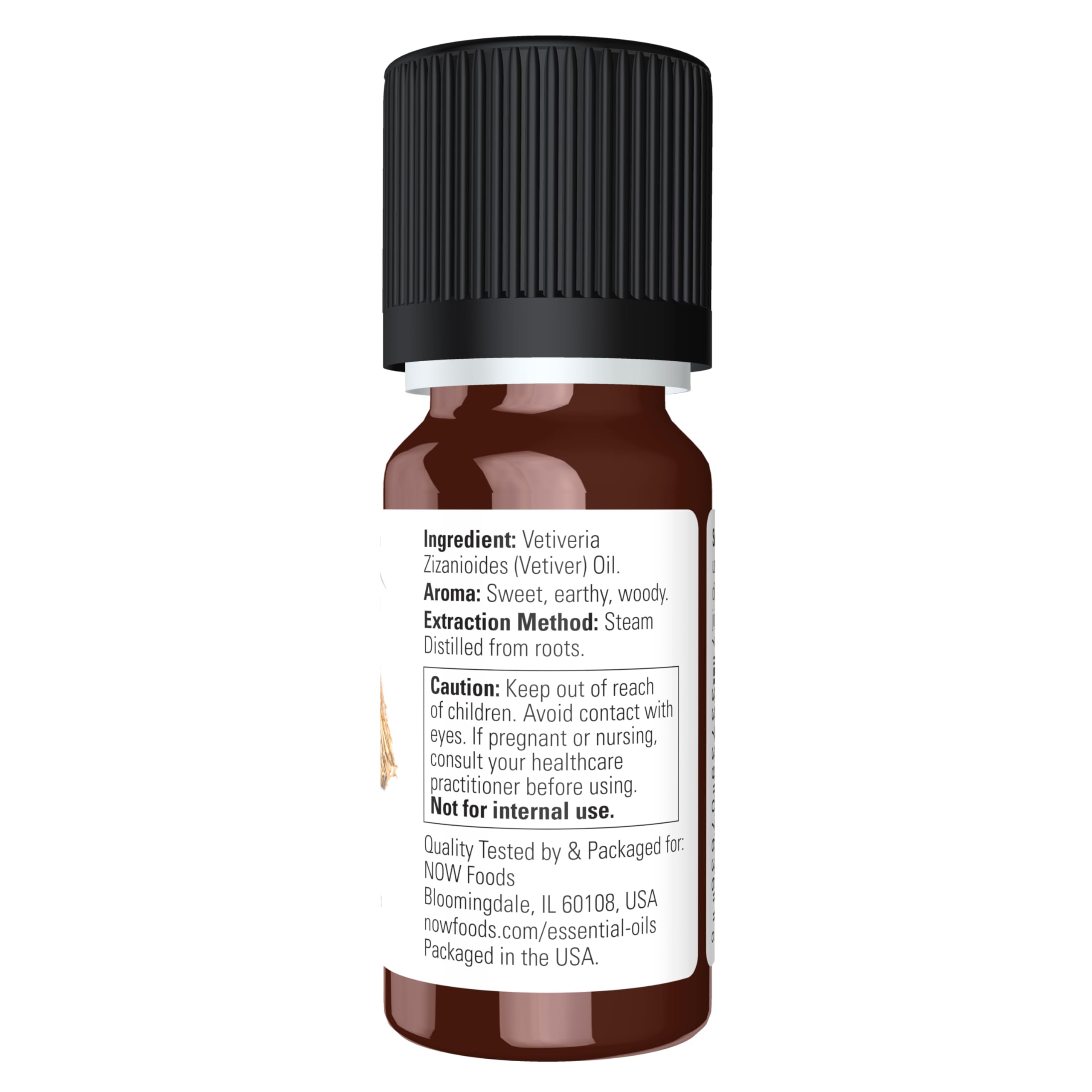 NOW Essential Oils, Vetiver Oil, Woodsy Aromatherapy Scent, Steam Distilled, 100% Pure, Child Resistant Cap, 10-mL