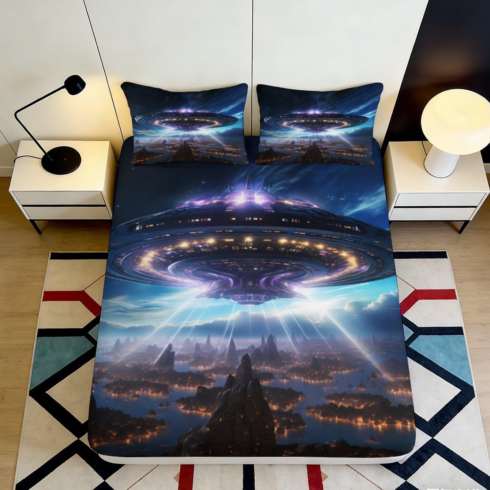 3D Printed Futuristic Spaceship Fitted Sheet Microfiber Soft Breathable Galactic City Mattress Cover for Bedroom Home Decor 90x200x25cm