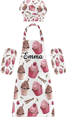 Sinestour Delantal de chocolate cereza personalizado para niños y sombrero de chef, juego de 3 delantales de cocina personalizados para niños