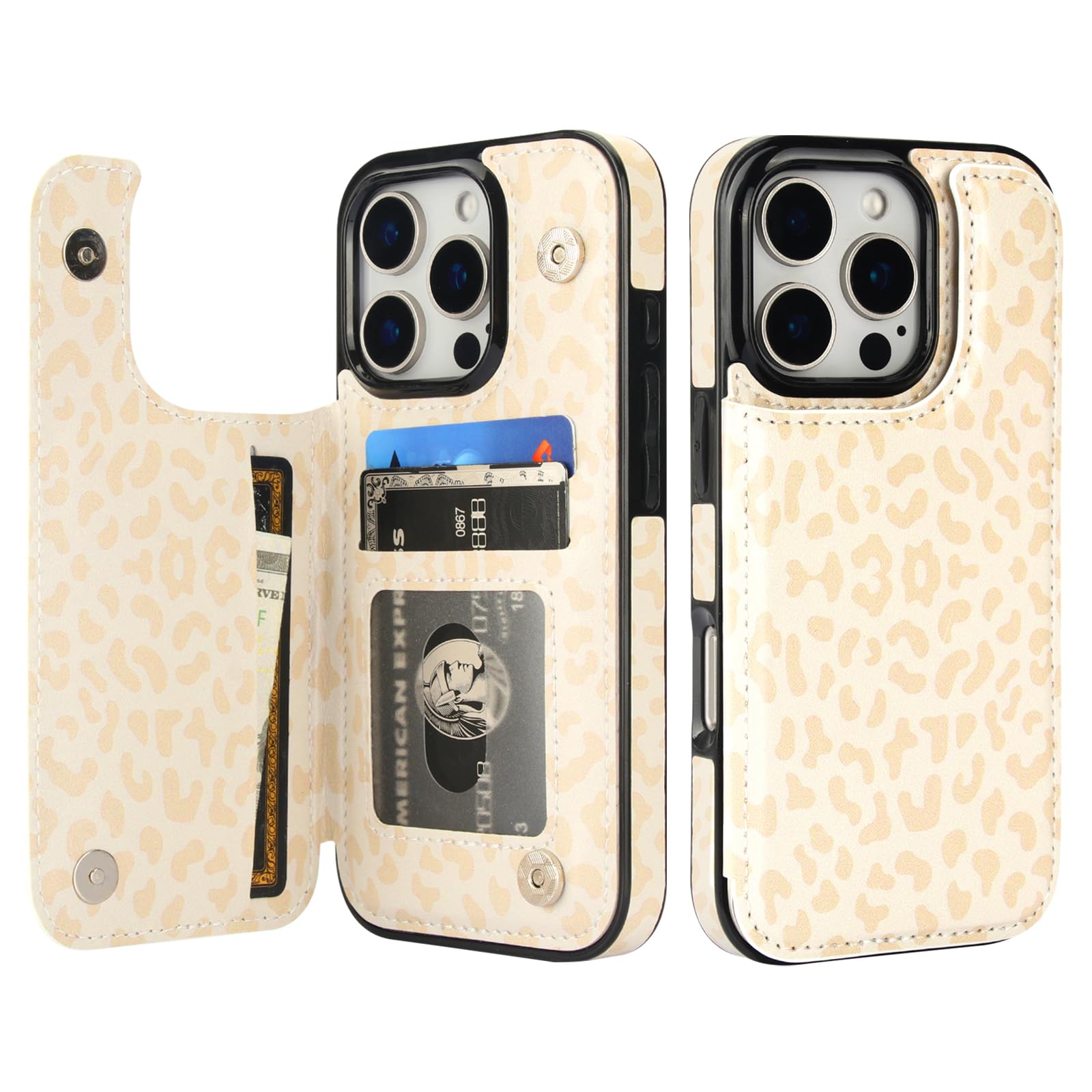 HAOPINSH for iPhone 16 Pro Wallet Case with Card Holder, Cream-Coloured Leopard Pattern Back Flip Folio PU Leather Kickstand Card Slots Case for Women
