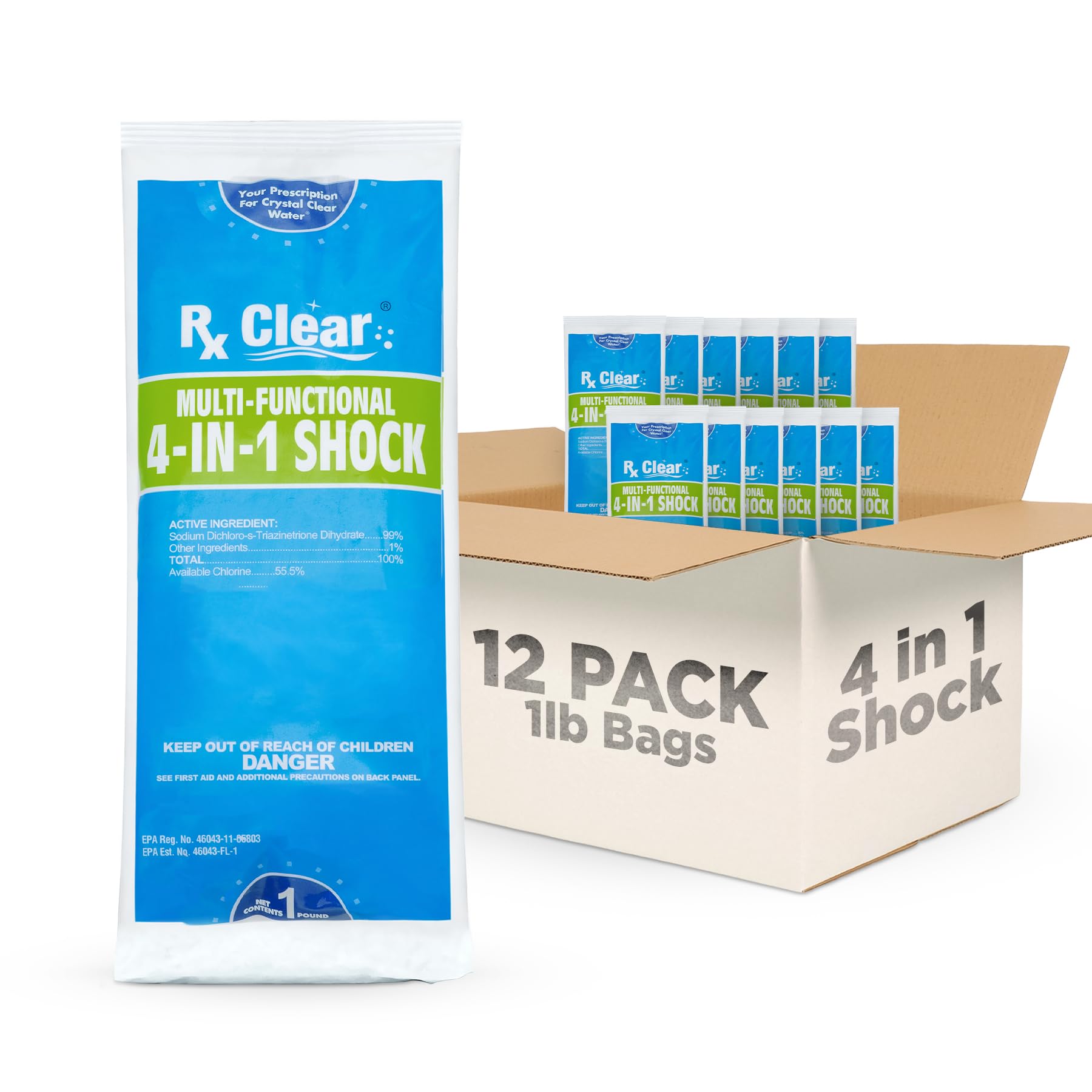Rx Clear Multi-Functional 4-in-1 Swimming Pool Shock | 99% Sodium Dichloro-s-Triazinetrione Dihydrate | Kills Bacteria and Algae | One-Pound Bags | 12