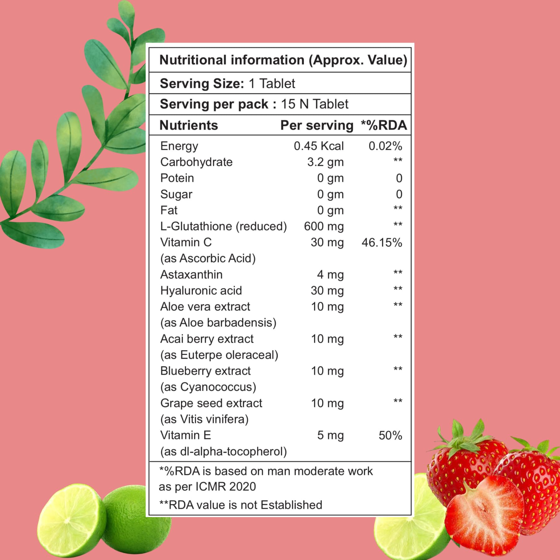 Glutathione 600 mg for skin whitening, For Pigmentations and Glowing Skin Powerhouse of Antioxidants with Bioactive Formula, (Strawberry & Lemon flavour) (30 tablets - Pack of 2) 1