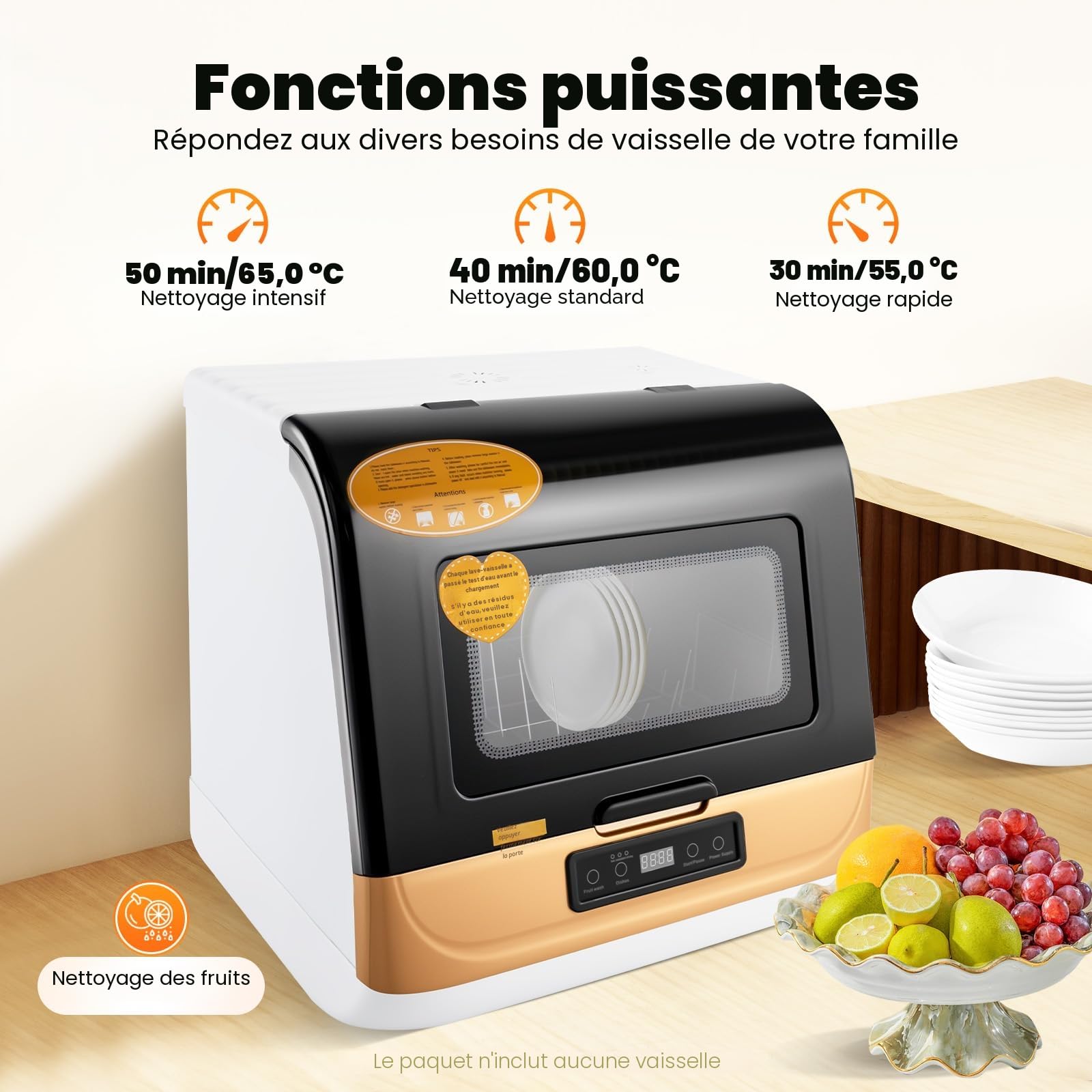 Mini lave-vaisselle 800 W, 5 programmes, buse rotative 360°, contrôle tactile, 2 modes de lavage, indicateur LED