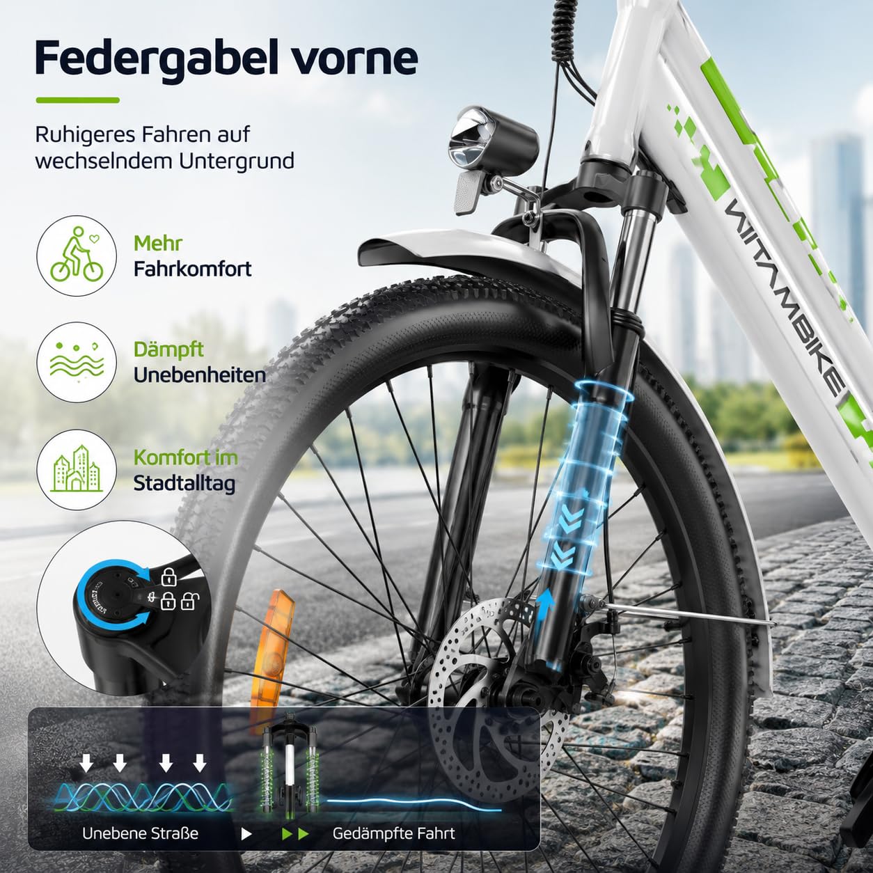 E-Bike 250W Motor 48V20 Akku 7-Gang mit Federdämpfung Scheibenbremsen | 25 km/h Höchstgeschwindigkeit, 100-120 km Reichweite, Scheibenbremsen, Herren & Damen, Stadt & Gelände