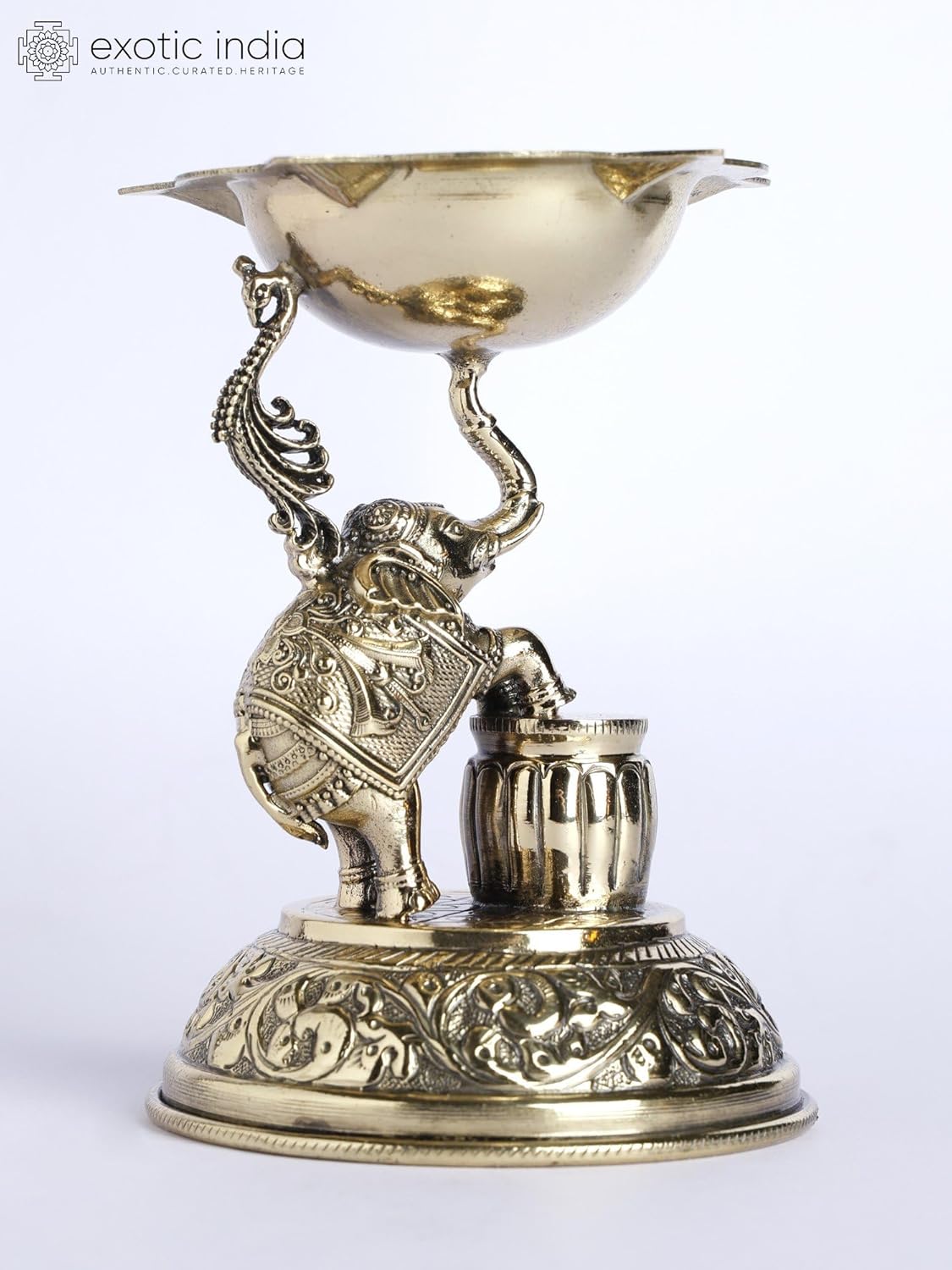 Exotic India Small Size Superfine Brasss Elephant Deepak Beautifully Detailed Oil Diya for Pooja, Gifting and Home Decor
