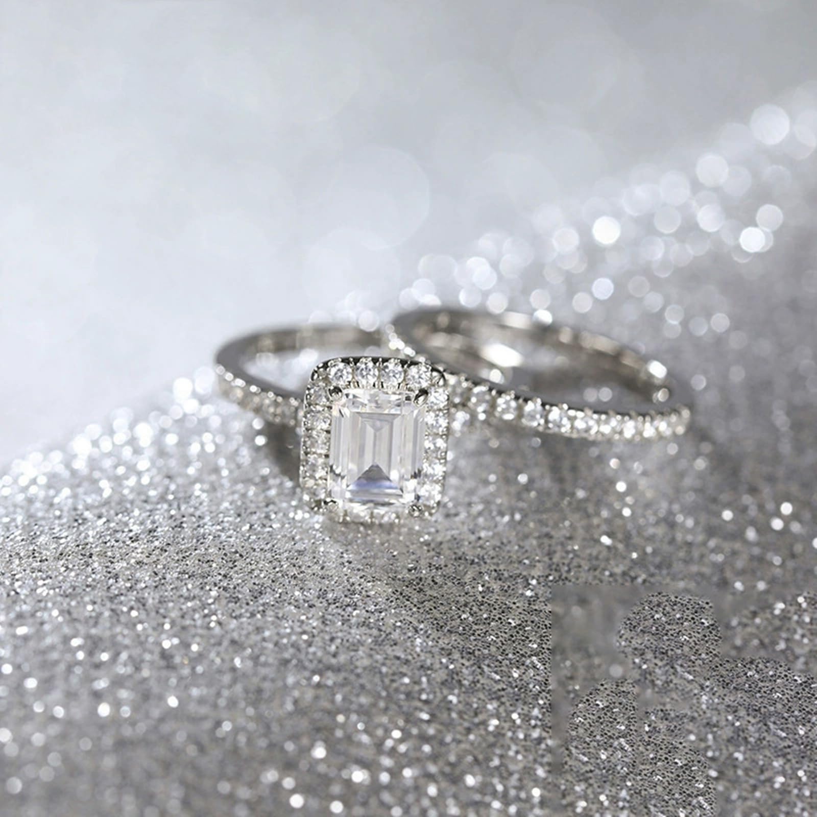 Anillo de compromiso rectangular de plata de ley 925 de 2 quilates para mujer, juego de 2 anillos de compromiso de oro con circonita cúbica de 6 x 8 mm
