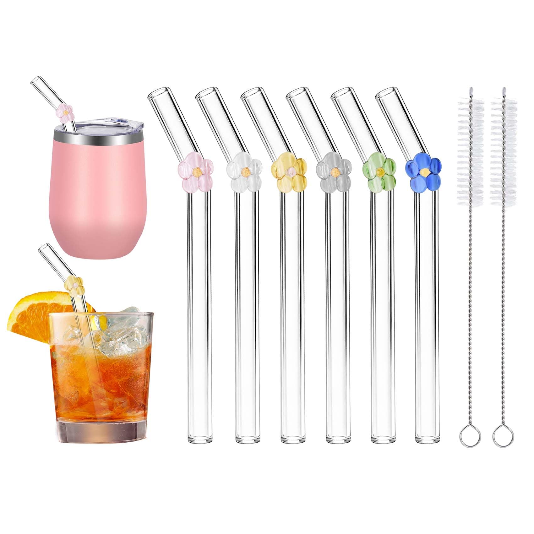 DUMING-IN 4 Pcs Reusable Bent Short Glass Straws with 2 Cleaning Brushes, 6''x10 mm Cute Glass Straw