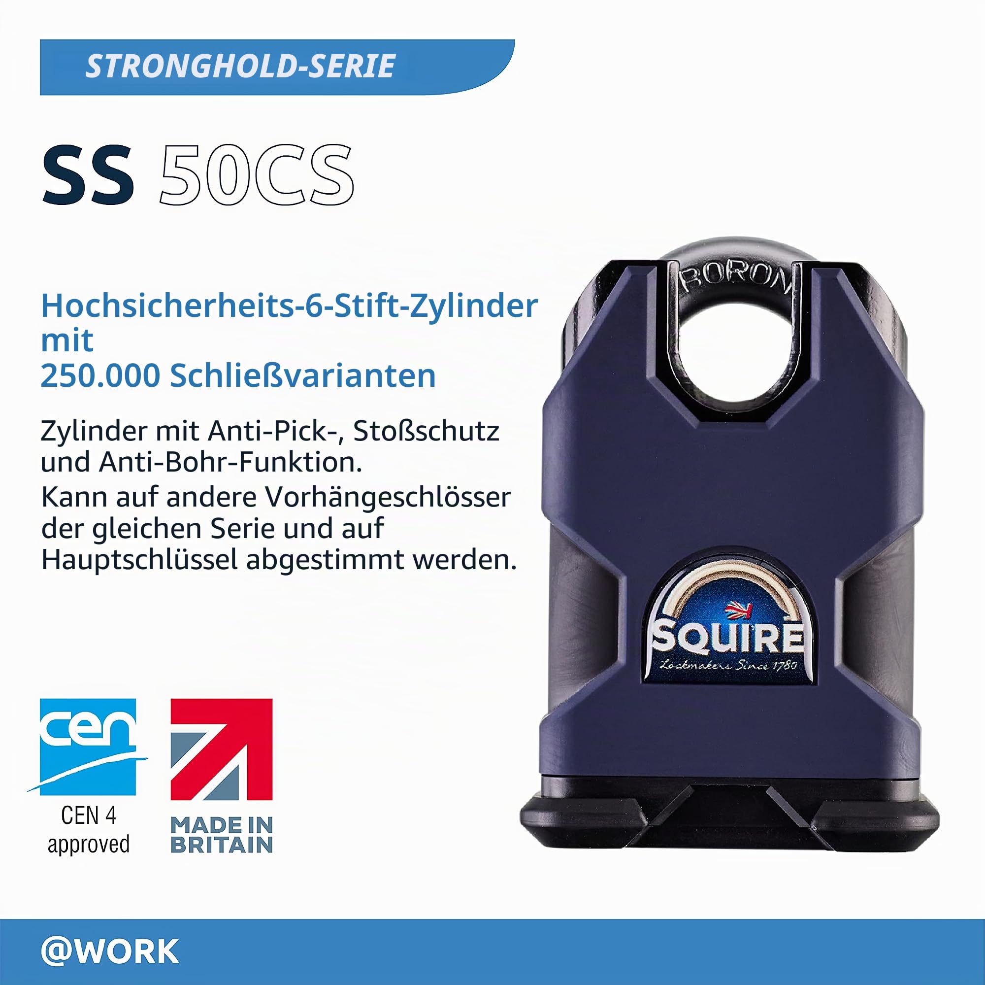 Henry Squire Stronghold Vorhängeschloss, 6-polig, S-Zylinder, geschlossener Bügel, Stahl, 55 mm (Länge)