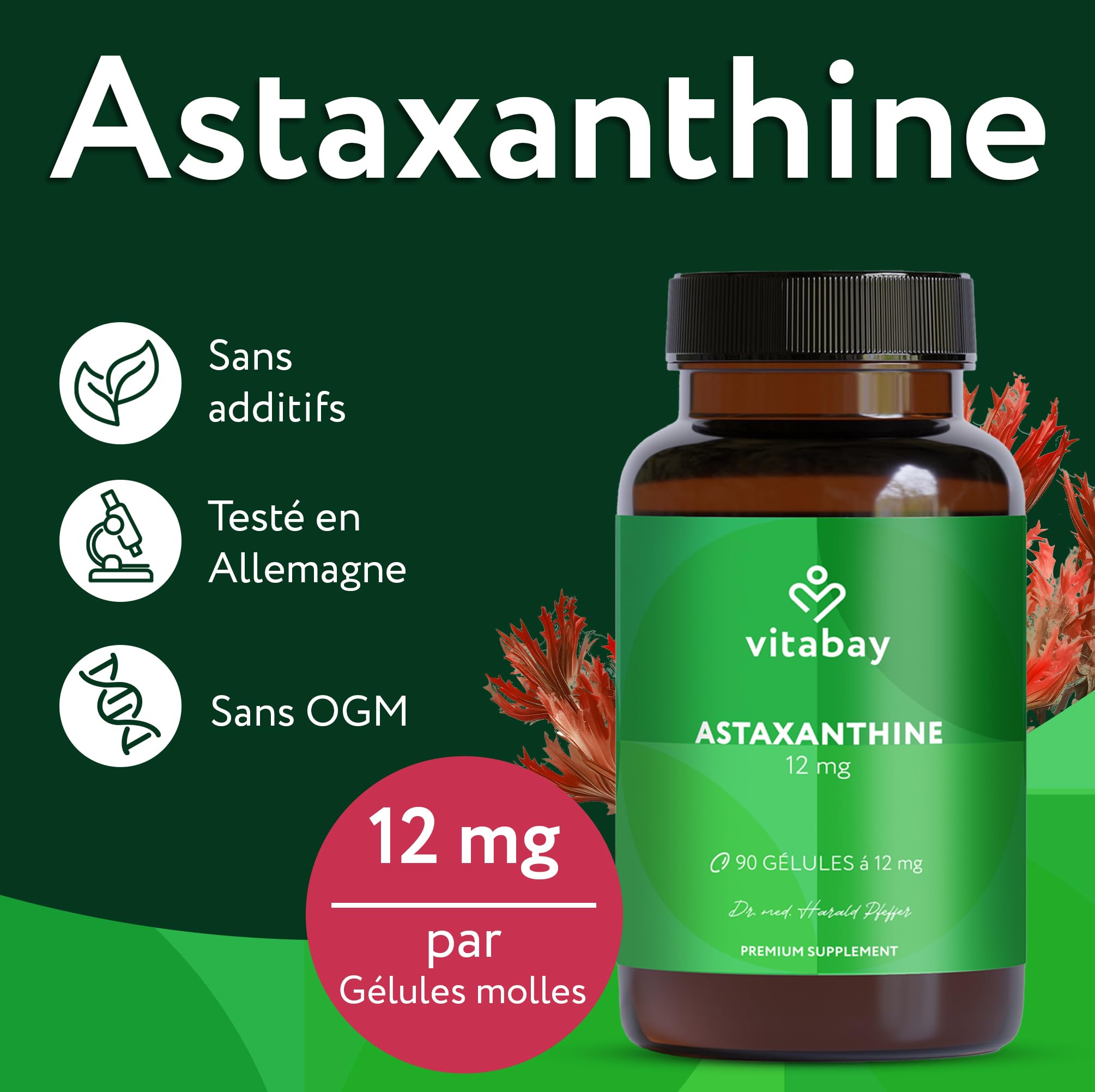 Vitabay Astaxanthine 12 mg hautement dosée – 90 capsules softgel véganes – testée en laboratoire & sans additifs – naturellement issue d’extrait d’algue Haematococcus pluvialis – réserve pour 6 mois