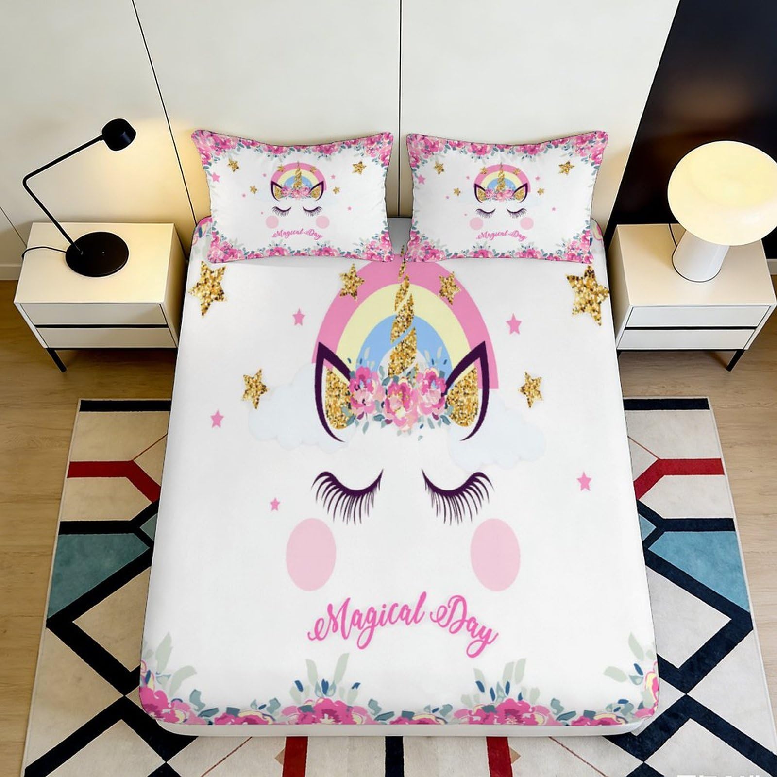3D Printed Unicorn Rainbow Fitted Sheet Microfiber Soft Breathable Magical Day Bed Cover for Bedroom Dormitory Guest Room Mattress Protection 200x200x25cm