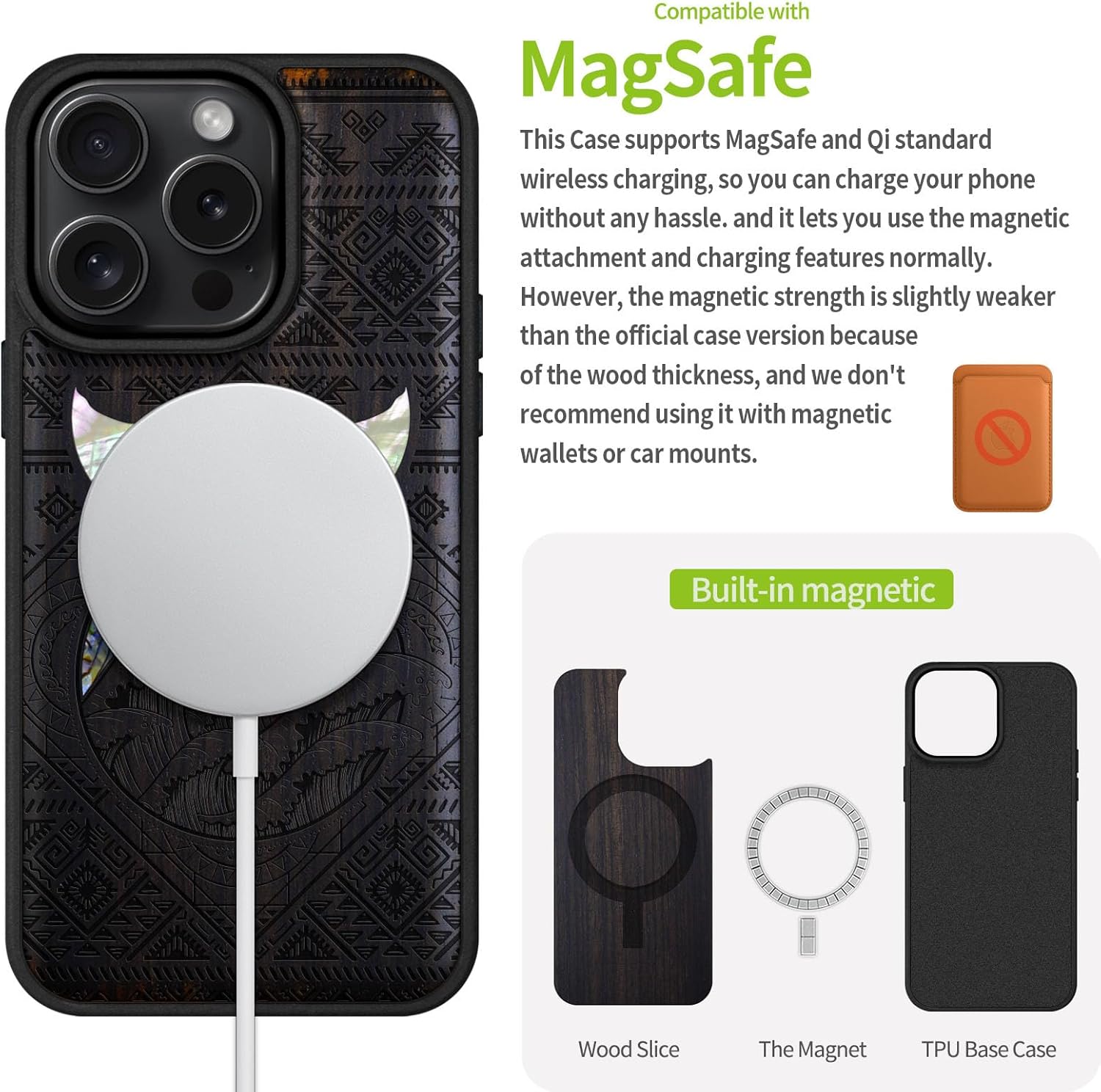 Carveit Magnetic Case for iPhone 16 Pro Case, Wood Artisan Engraved & Handmade Shell Inlaid, TPU Shockproof Cover, Compatible with MagSafe Wireless Chargers (Whale Tail in The Waves) Blackwood