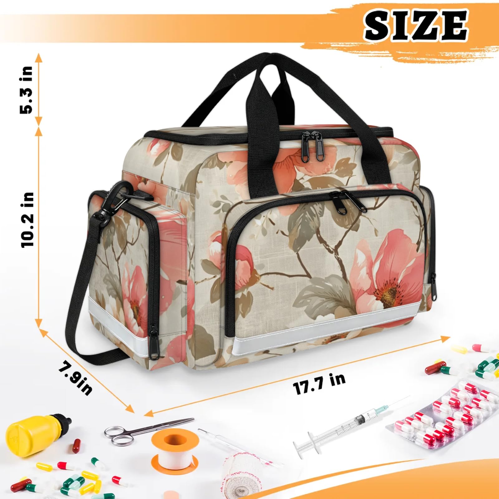 GzLeyigou First Aid Bags Empty, Peach Blossoms Emergency Bag First Aid Kit Multiple Compartment Kit Carrier On Call Trauma Bag For Paramedics Emergency Medical Supplies Kit
