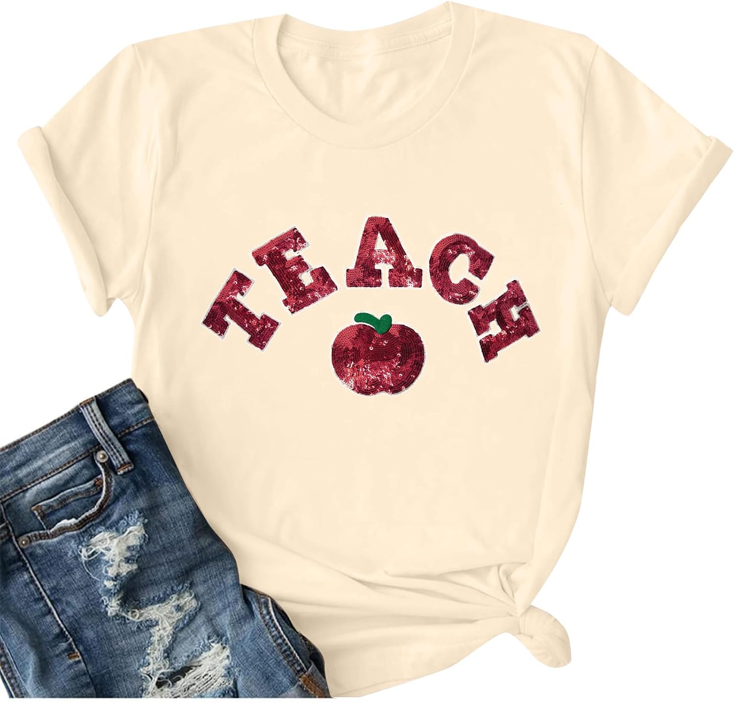 Teacher Shirt for Women Sequin Teach Apple T Shirt Back to School Shirt Kindness Tee Teaching Life Tops
