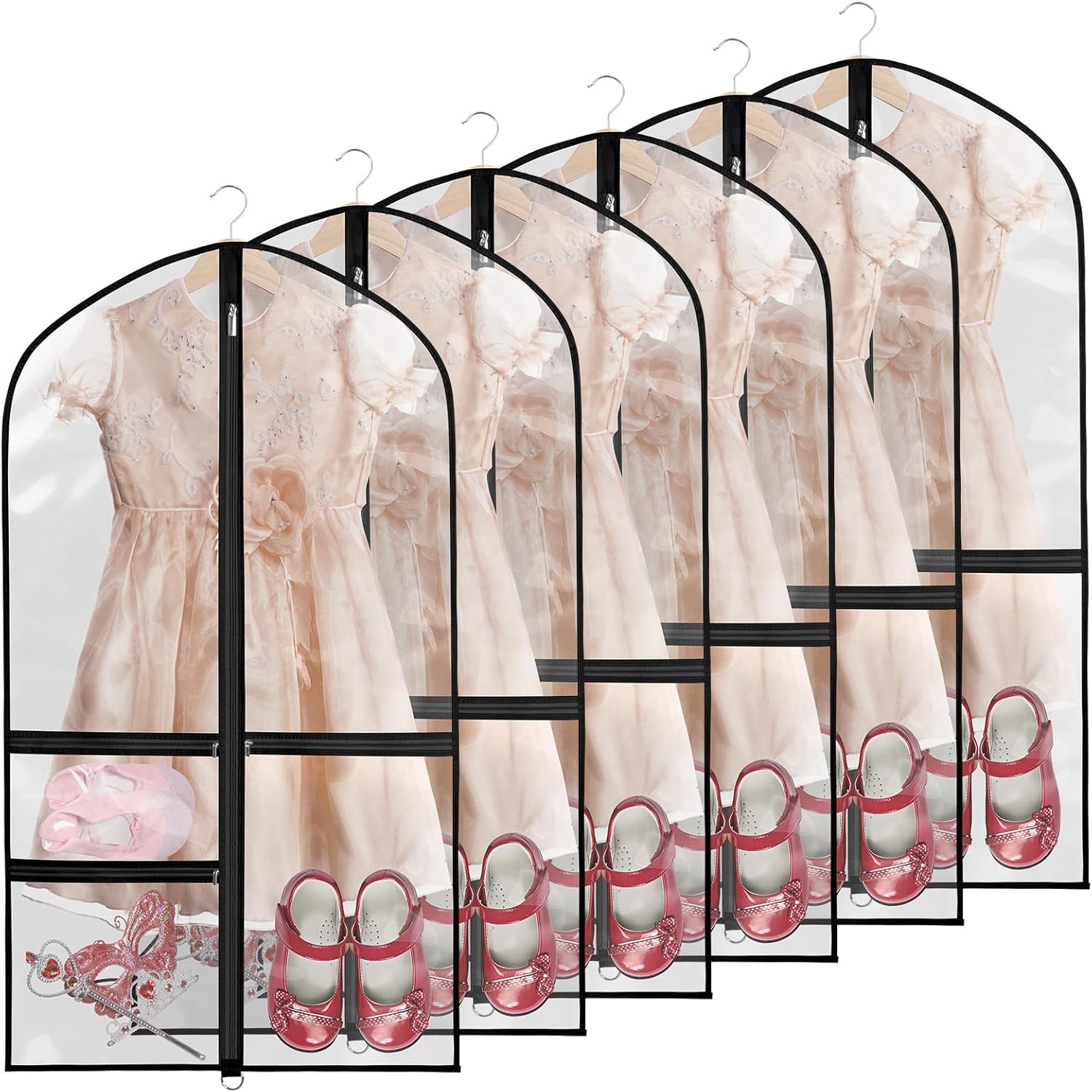 Kntiwiwo Clear Garment Bags for Dance Costumes, 40” Dance Garment Bags for Dancers, Kids Garment Bag for Dance Competitions with 3 Zipper Pockets, Garment Bags for Hanging Clothes, 6 Pack, Pink